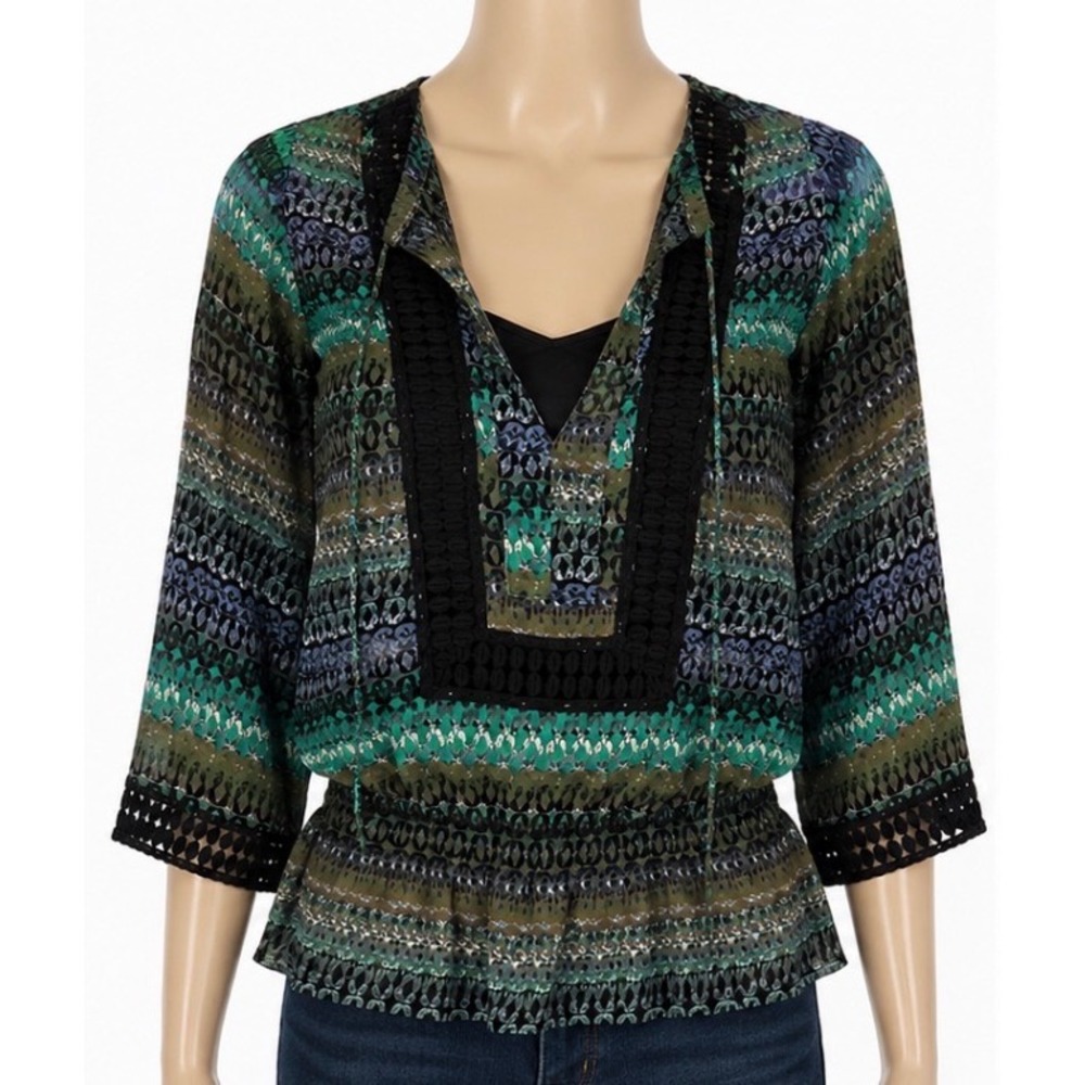 Daniel Rainn Green Blue Geometric Crochet Peplum Blouse 3/4 Sleeve Small 11672